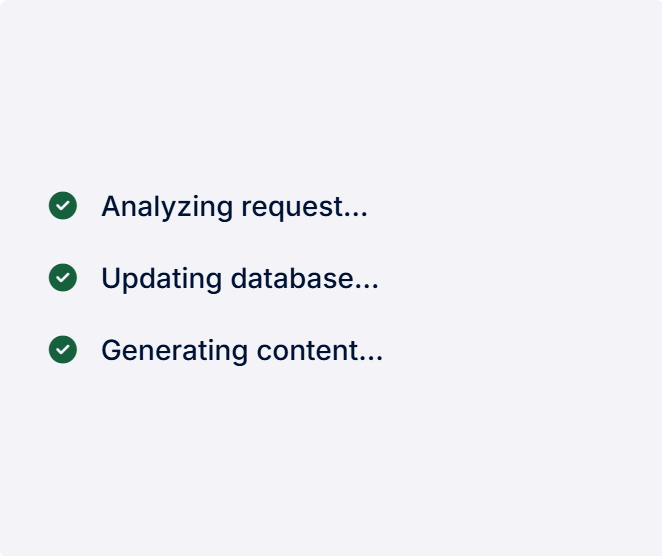 EasyAI’s checklist, each line ticked: analyzing request, updating database, generating content.