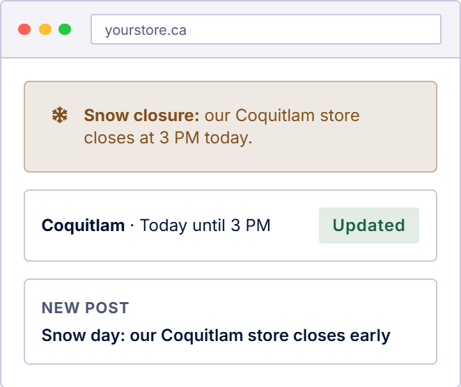 The website, updated: a snow closure notice, Coquitlam’s hours changed to “Today until 3 PM”, and a new post, “Snow day: our Coquitlam store closes early”.