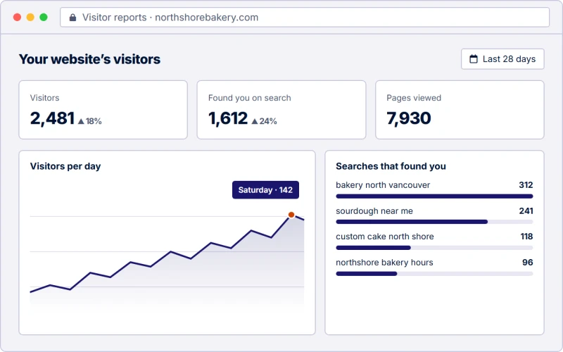 A visitor report: visitors per day over the last 28 days, and the searches that found the website.