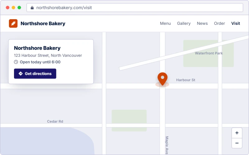 A map on a bakery’s Visit page, with a pin on the shop and a “Get directions” button.