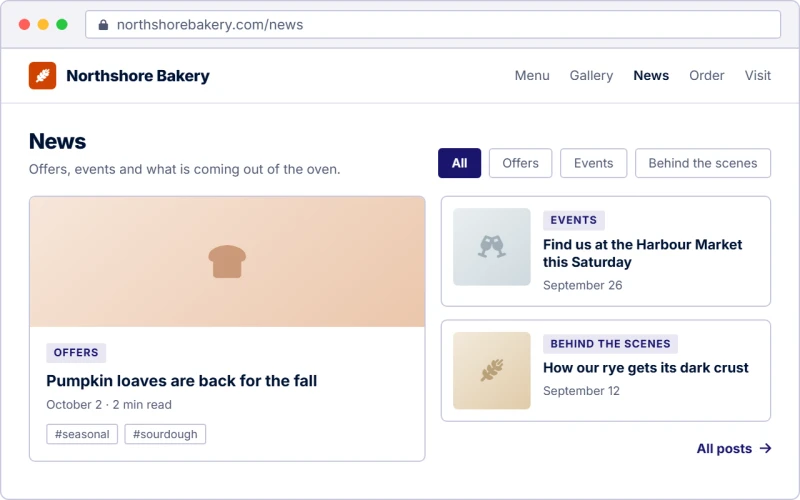 A bakery’s news page: posts filed under Offers, Events and Behind the scenes, each with its date.