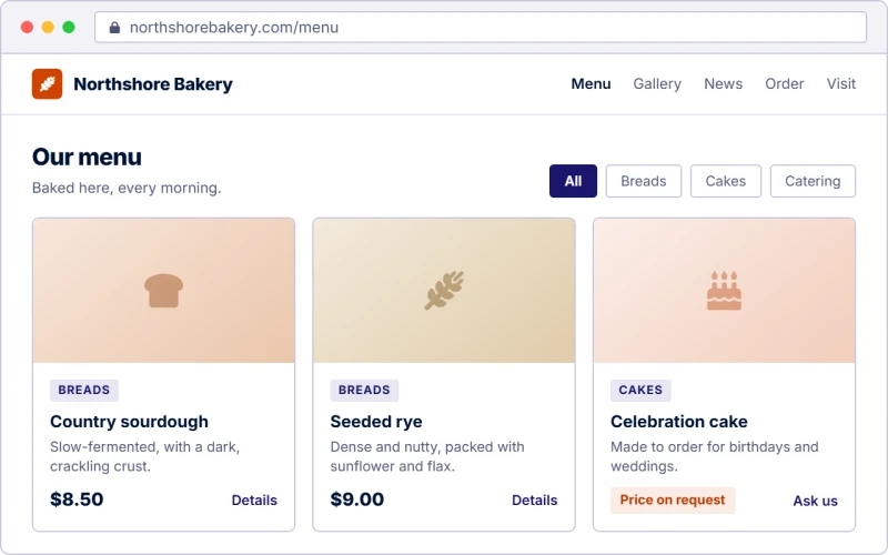 A bakery’s menu: a sourdough and a rye with their prices, and a celebration cake marked “Price on request”.