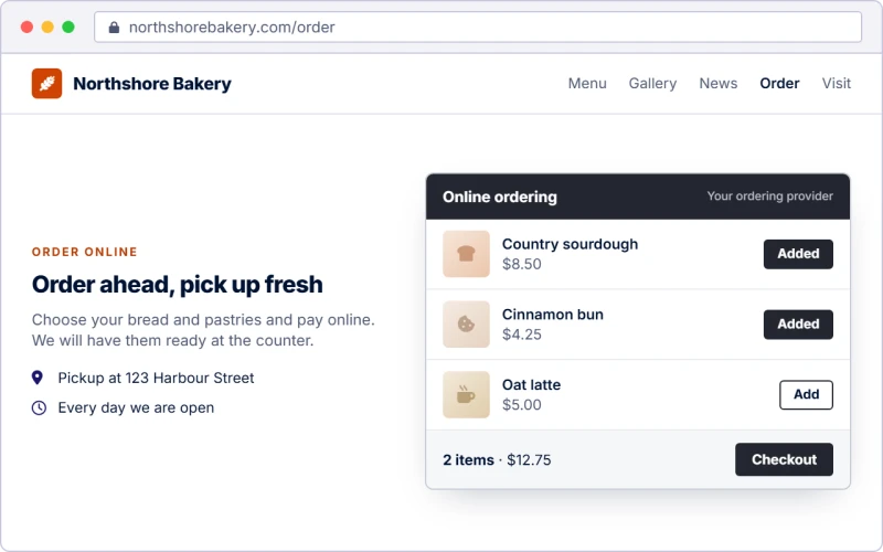 An online ordering menu from the bakery’s ordering provider, embedded in its Order page.